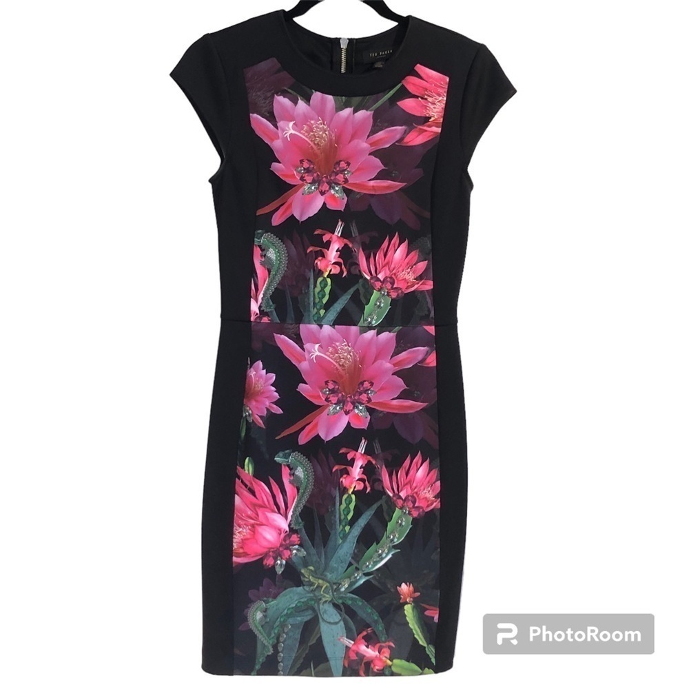 TED baker London chameleon flower print black cocktail dress size 1